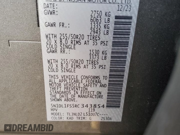 2024 Infiniti QX60 Luxe с VIN 5N1DL1FS5RC343854, выставлен на аукционе Copart как лот 43956085 с пробегом 15 750 миль миль и Списание • Salvage title. История ставок и продаж доступна на DreamBid. Изображение 16.