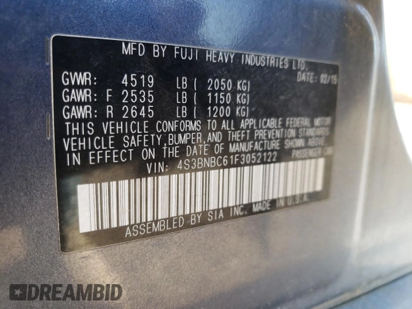 2015 Subaru Legacy Premium with VIN 4S3BNBC61F3052122, listed as a Copart auction lot 77326484 with 97,184 mi miles and Salvage title. Bid and sale history available at DreamBid. Image 14.