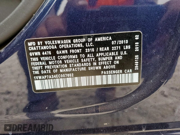 2014 Volkswagen Passat S with VIN 1VWAP7A34EC007652, listed as a Copart auction lot 57774695 with 205,764 mi miles and Salvage title. Bid and sale history available at DreamBid. Image 13.