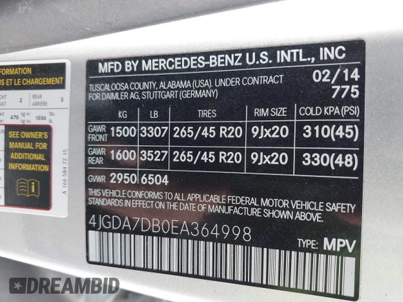2014 Mercedes-Benz M 550 with VIN 4JGDA7DB0EA364998, listed as a IAAI auction lot 41806211 with 152,603 mi miles and . Bid and sale history available at DreamBid. Image 9.