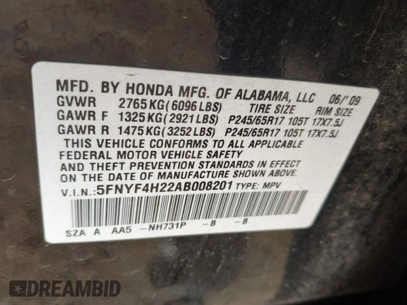 2010 Honda Pilot LX z VIN 5FNYF4H22AB008201, wystawiony jako IAAI lot #41915957 z przebiegiem 177 483 mil mil oraz . Historia ofert i sprzedaży dostępna na DreamBid. Obrazek 9.