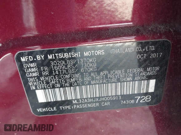 2018 Mitsubishi Mirage ES with VIN ML32A3HJXJH005913, listed as a IAAI auction lot 42112960 with 70,000 mi miles and . Bid and sale history available at DreamBid. Image 9.