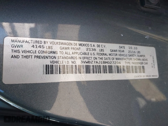 2011 Volkswagen Jetta SE with VIN 3VWBZ7AJ1BM027204, listed as a IAAI auction lot 41816349 with 152,028 mi miles and . Bid and sale history available at DreamBid. Image 9.