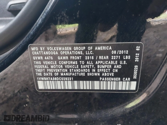 2013 Volkswagen Passat SE with VIN 1VWBH7A38DC028231, listed as a IAAI auction lot 42629167 with Not provided miles and . Bid and sale history available at DreamBid. Image 9.