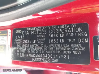 2013 Kia Rio LX with VIN KNADM4A34D6147931, listed as a IAAI auction lot 41638302 with 188,650 mi miles. Bid and sale history available at carsss.com. Image 9.