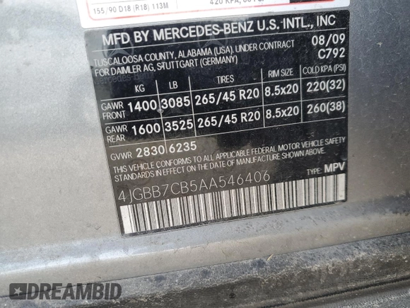 2010 Mercedes-Benz M 550 with VIN 4JGBB7CB5AA546406, listed as a Copart auction lot 46042685 with 125,052 mi miles and Salvage Title. Bid and sale history available at DreamBid. Image 14.