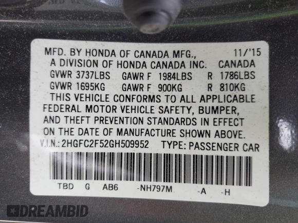 2016 Honda Civic Sedan LX with VIN 2HGFC2F52GH509952, listed as a IAAI auction lot 41966769 with 83,039 mi miles. Bid and sale history available at carsss.com. Image 9.