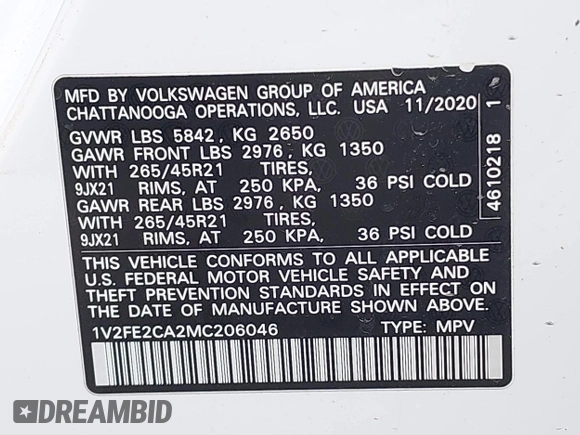 2021 Volkswagen Atlas SEL Premium R-Line with VIN 1V2FE2CA2MC206046, listed as a IAAI auction lot 41547596 with 13,805 mi miles and . Bid and sale history available at DreamBid. Image 9.