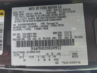 2017 Ford Fusion SE с VIN 3FA6P0HD2HR349952, выставлен на аукционе IAAI как лот 42295433 с пробегом 39 250 миль миль и . История ставок и продаж доступна на DreamBid. Изображение 9.