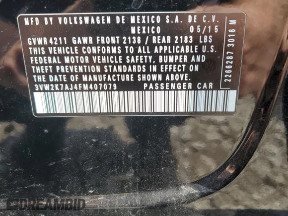 2015 Volkswagen Jetta S z VIN 3VW2K7AJ4FM407079, wystawiony jako Copart lot #61793135 z przebiegiem 101 772 mil mil oraz Szkoda całkowita • Salvage title. Historia ofert i sprzedaży dostępna na DreamBid. Obrazek 12.