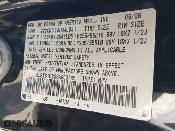 2009 Acura RDX with VIN 5J8TB18299A000185, listed as a IAAI auction lot 41410128 with 234,762 mi miles and . Bid and sale history available at DreamBid. Image 9.