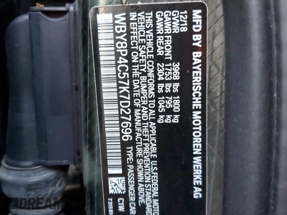 2019 BMW i3 with VIN WBY8P4C57K7D27696, listed as a Copart auction lot 85429264 with 32,219 mi miles and Salvage title. Bid and sale history available at DreamBid. Image 12.
