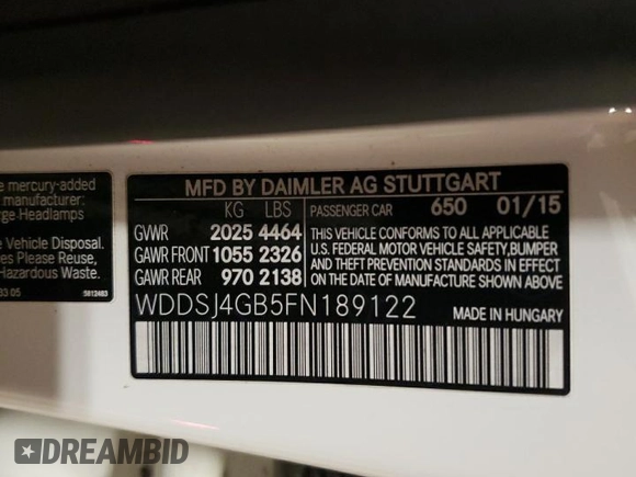 2015 Mercedes-Benz CLA 250 with VIN WDDSJ4GB5FN189122, listed as a Copart auction lot 57647115 with 118,038 mi miles and Salvage title. Bid and sale history available at DreamBid. Image 12.