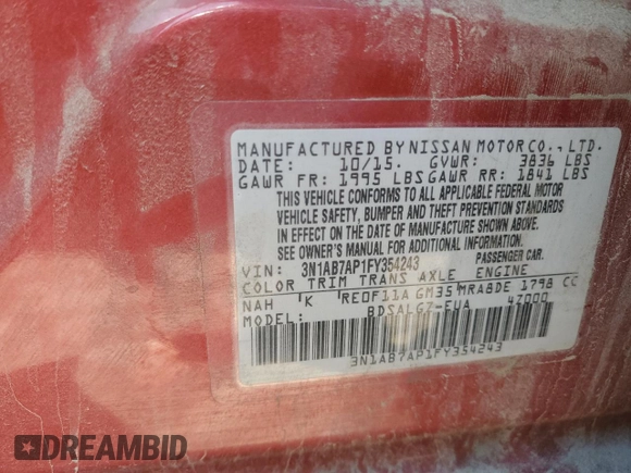 2015 Nissan Sentra SR with VIN 3N1AB7AP1FY354243, listed as a Copart auction lot 54021985 with 103,912 mi miles and Clean Title. Bid and sale history available at DreamBid. Image 12.