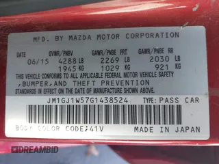 2016 Mazda 6 i Grand Touring with VIN JM1GJ1W57G1438524, listed as a IAAI auction lot 41365211 with 162,678 mi miles and . Bid and sale history available at DreamBid. Image 9.
