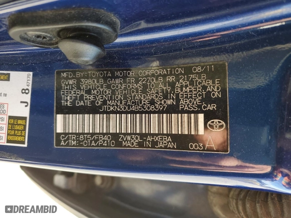 2011 Toyota Prius I with VIN JTDKN3DU4B5308397, listed as a Copart auction lot 45702325 with 182,224 mi miles and Salvage Title. Bid and sale history available at carsss.com. Image 12.