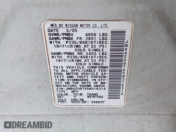 2005 Nissan Murano SL z VIN JN8AZ08TX5W316314, wystawiony jako IAAI lot #42386522 z przebiegiem 151 704 mil mil oraz . Historia ofert i sprzedaży dostępna na DreamBid. Obrazek 9.