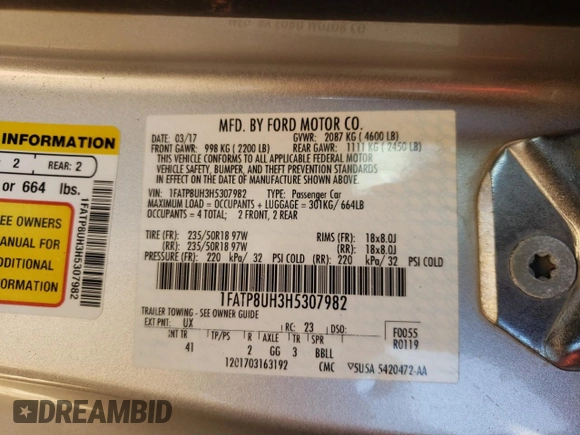 2017 Ford Mustang EcoBoost Premium with VIN 1FATP8UH3H5307982, listed as a Copart auction lot 57594895 with 58,955 mi miles and Salvage title. Bid and sale history available at DreamBid. Image 12.