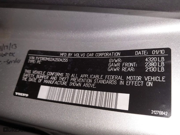 2010 Volvo S40 with VIN YV1382MS2A2504255, listed as a IAAI auction lot 41903061 with 254,595 mi miles. Bid and sale history available at carsss.com. Image 9.