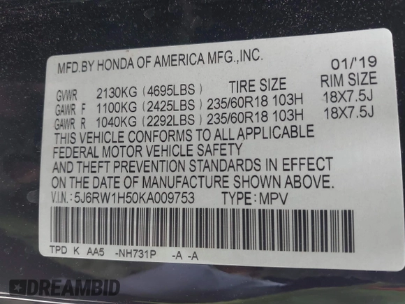 2019 Honda CR-V EX with VIN 5J6RW1H50KA009753, listed as a IAAI auction lot 41920084 with 59,129 mi miles. Bid and sale history available at carsss.com. Image 9.