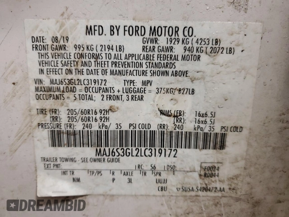 2020 Ford EcoSport SE with VIN MAJ6S3GL2LC319172, listed as a Copart auction lot 89324215 with 66,745 mi miles and Salvage Title. Bid and sale history available at carsss.com. Image 14.