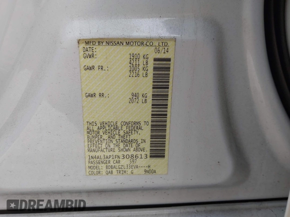 2015 Nissan Altima S with VIN 1N4AL3AP1FN308613, listed as a IAAI auction lot 41398676 with 152,886 mi miles and . Bid and sale history available at DreamBid. Image 9.