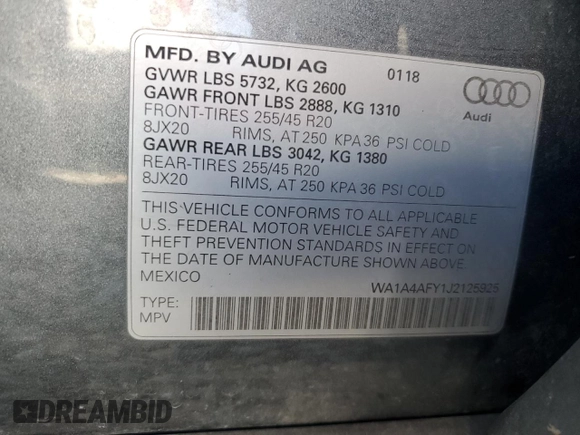 2018 Audi SQ5 Premium Plus with VIN WA1A4AFY1J2125925, listed as a Copart auction lot 86731324 with 56,875 mi miles and Salvage Title. Bid and sale history available at DreamBid. Image 13.