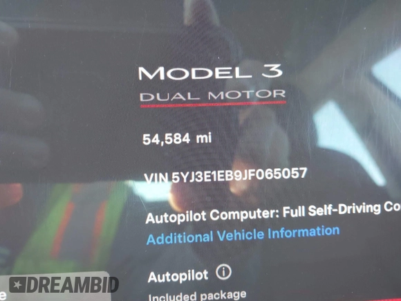 2018 Tesla Model 3 Long Range Battery with VIN 5YJ3E1EB9JF065057, listed as a IAAI auction lot 41863903 with 54,584 mi miles and . Bid and sale history available at DreamBid. Image 15.