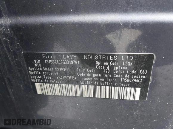 2016 Subaru Outback 2.5i with VIN 4S4BSAAC0G3319761, listed as a IAAI auction lot 42116085 with 378,414 mi miles and . Bid and sale history available at DreamBid. Image 9.
