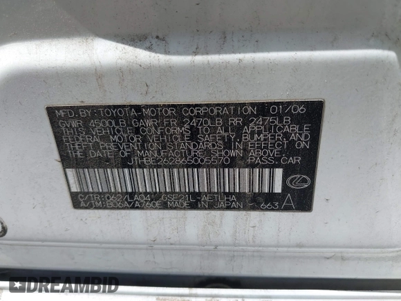 2006 Lexus IS 350 z VIN JTHBE262865005570, wystawiony jako IAAI lot #41966216 z przebiegiem Nie podano mil oraz . Historia ofert i sprzedaży dostępna na DreamBid. Obrazek 9.