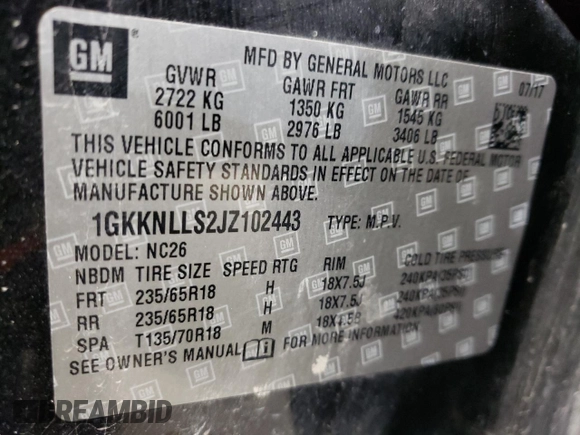 2018 GMC Acadia SLE with VIN 1GKKNLLS2JZ102443, listed as a Copart auction lot 85291404 with 116,090 mi miles and Salvage Title. Bid and sale history available at DreamBid. Image 14.