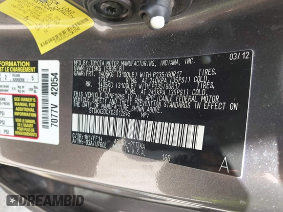 2012 Toyota Sienna with VIN 5TDKA3DCXCS012945, listed as a IAAI auction lot 42190015 with 114,372 mi miles and . Bid and sale history available at DreamBid. Image 9.