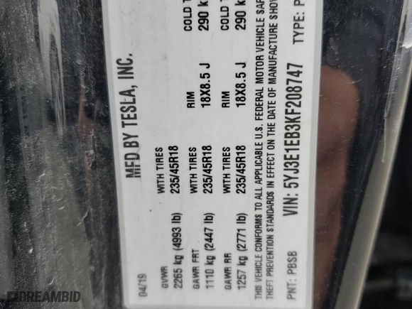 2019 Tesla Model 3 Long Range with VIN 5YJ3E1EB3KF208747, listed as a Copart auction lot 47947305 with 126,516 mi miles and Salvage Title. Bid and sale history available at carsss.com. Image 13.