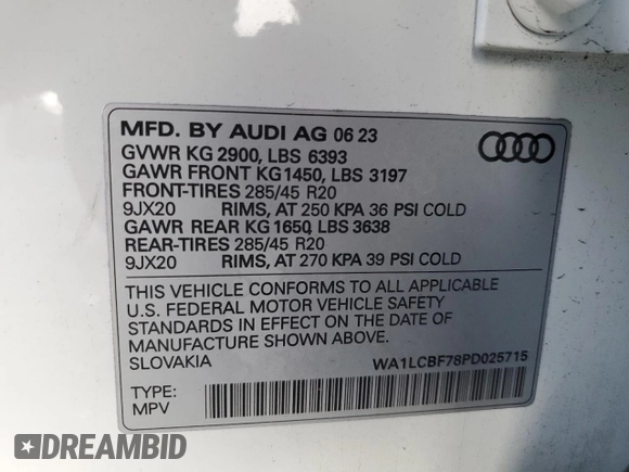 2023 Audi Q7 Premium Plus with VIN WA1LCBF78PD025715, listed as a Copart auction lot 51106685 with 15,780 mi miles and Salvage title. Bid and sale history available at DreamBid. Image 16.