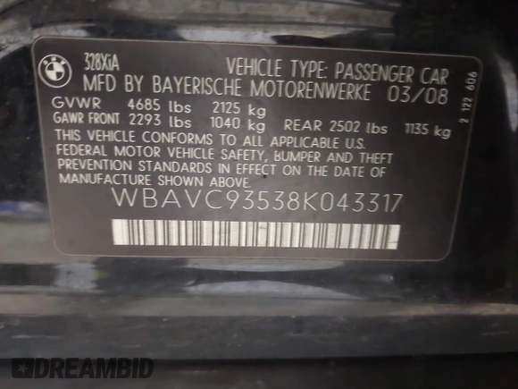 2008 BMW 3 Series 328xi with VIN WBAVC93538K043317, listed as a IAAI auction lot 41544348 with 127,823 mi miles. Bid and sale history available at carsss.com. Image 9.