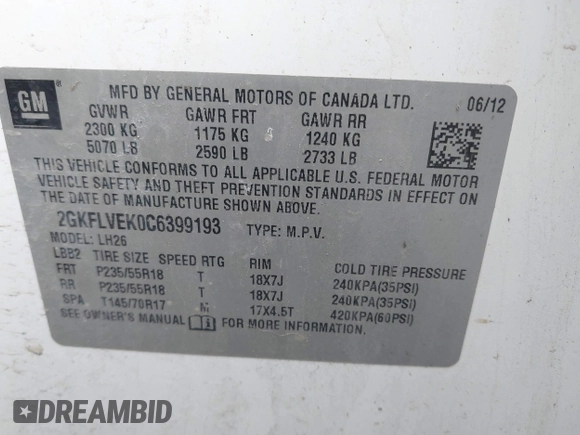 2012 GMC Terrain SLT-1 with VIN 2GKFLVEK0C6399193, listed as a IAAI auction lot 41729841 with 189,153 mi miles and . Bid and sale history available at DreamBid. Image 9.