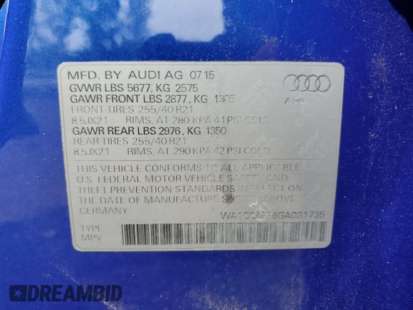 2016 Audi SQ5 Premium Plus with VIN WA1CCAFP6GA031735, listed as a Copart auction lot 58229765 with 47,518 mi miles and Salvage title. Bid and sale history available at DreamBid. Image 13.