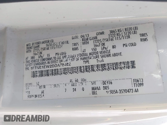 2013 Ford Econoline Cargo Commercial with VIN 1FTNE1EW2DDA78482, listed as a IAAI auction lot 42575152 with 543,296 mi miles and . Bid and sale history available at DreamBid. Image 9.
