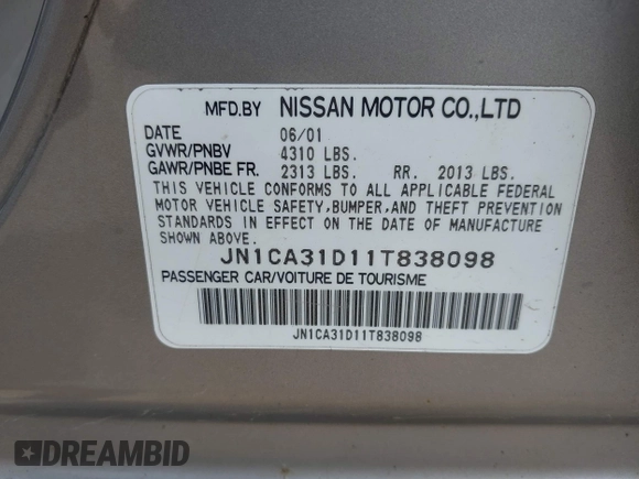 2001 Nissan Maxima GXE с VIN JN1CA31D11T838098, выставлен на аукционе IAAI как лот 42248978 с пробегом 180 614 миль миль и . История ставок и продаж доступна на DreamBid. Изображение 9.