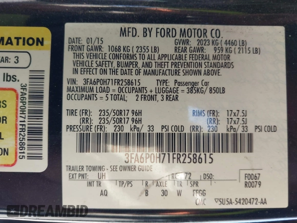 2015 Ford Fusion SE with VIN 3FA6P0H71FR258615, listed as a IAAI auction lot 41994439 with 185,410 mi miles and . Bid and sale history available at carsss.com. Image 9.