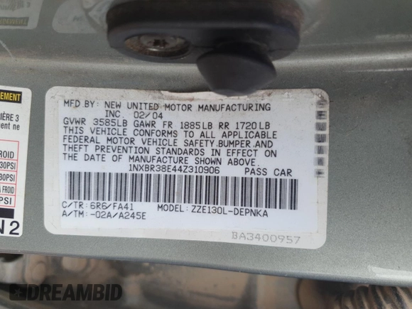 2004 Toyota Corolla CE with VIN 1NXBR38E44Z310906, listed as a Copart auction lot 55361565 with 186,022 mi miles and Salvage Title. Bid and sale history available at DreamBid. Image 12.