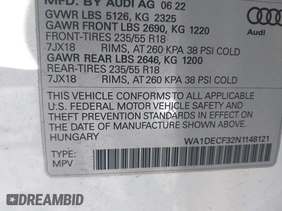 2022 Audi Q3 S line Premium with VIN WA1DECF32N1148121, listed as a IAAI auction lot 42304046 with 19,547 mi miles and . Bid and sale history available at DreamBid. Image 9.