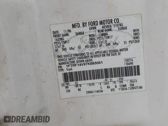 2007 Ford F-150 XL with VIN 1FTRF14V97KB65061, listed as a Copart auction lot 56280705 with 310,029 mi miles and Salvage title. Bid and sale history available at DreamBid. Image 12.