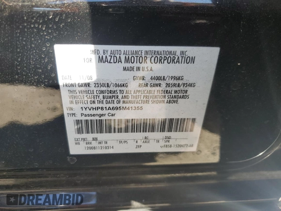 2009 Mazda 6 i Sport with VIN 1YVHP81A695M41355, listed as a Copart auction lot 54840895 with 181,915 mi miles and Non repairable. Bid and sale history available at DreamBid. Image 14.