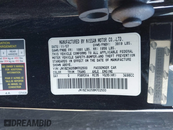 2008 Nissan 350Z with VIN JN1BZ34D58M702500, listed as a IAAI auction lot 41631168 with 108,287 mi miles. Bid and sale history available at carsss.com. Image 9.