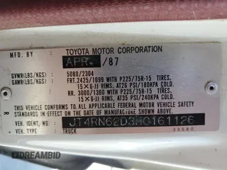 1987 Toyota 4Runner с VIN JT4RN62D3H0161126, выставлен на аукционе Copart как лот 58435425 с пробегом 260 063 миль миль и Чистый • Clean title. История ставок и продаж доступна на DreamBid. Изображение 13.