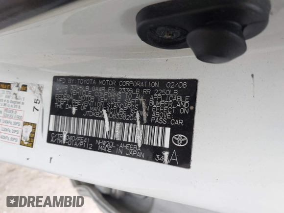 2008 Toyota Prius with VIN JTDKB20U083382042, listed as a IAAI auction lot 41995315 with Not Provided miles and . Bid and sale history available at DreamBid. Image 9.