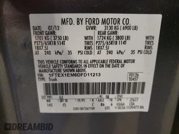 2013 Ford F-150 XL with VIN 1FTEX1EM6DFD11213, listed as a Copart auction lot 61350245 with 197,696 mi miles and Salvage title. Bid and sale history available at DreamBid. Image 12.