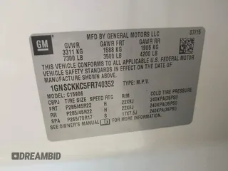 2015 Chevrolet Suburban LTZ with VIN 1GNSCKKC5FR740352, listed as a IAAI auction lot 39075234 with 112,945 mi miles and . Bid and sale history available at DreamBid. Image 9.