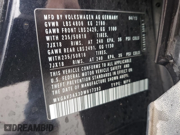 2013 Volkswagen Tiguan SE with VIN WVGAV3AX3DW617393, listed as a Copart auction lot 83616524 with 119,260 mi miles and Salvage title. Bid and sale history available at DreamBid. Image 12.